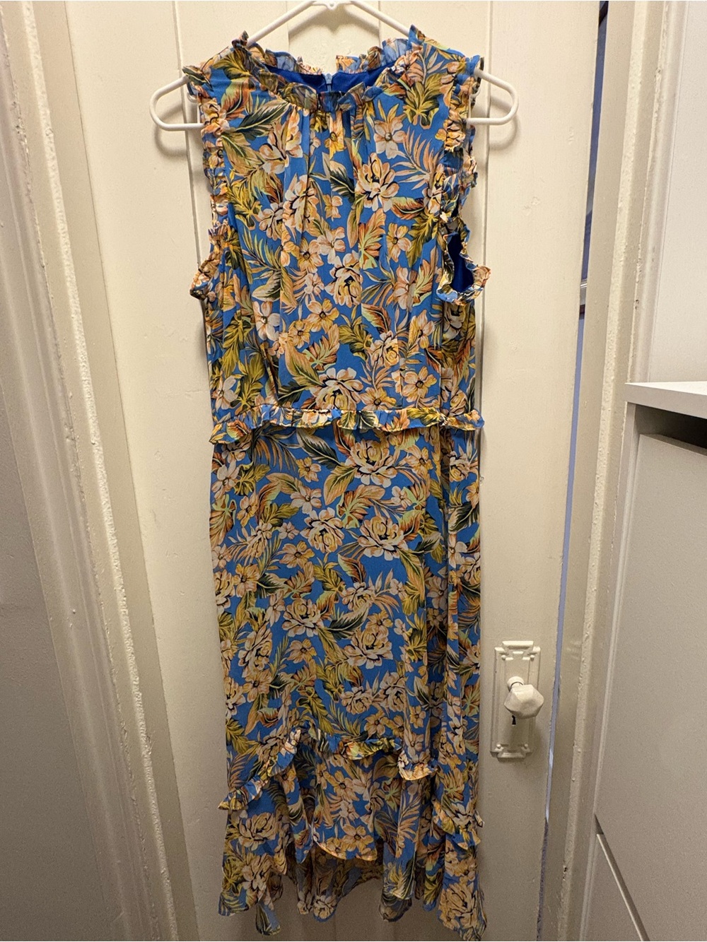 julia jordan Blue and Yellow Tropical Asymmetrical Midi Dress